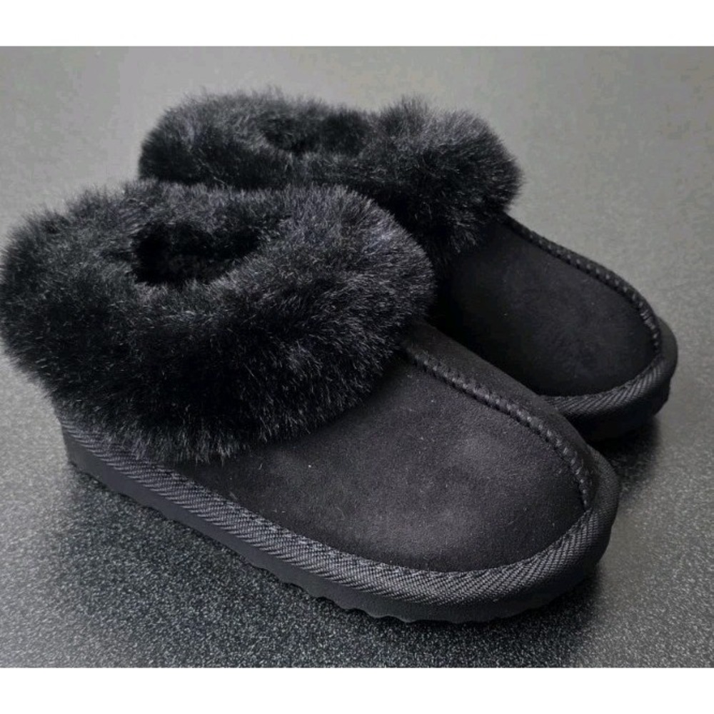 New Cat & Jack Black/Piper Faux Fur Cuff Scuff Slippers House Shoe Toddler 8